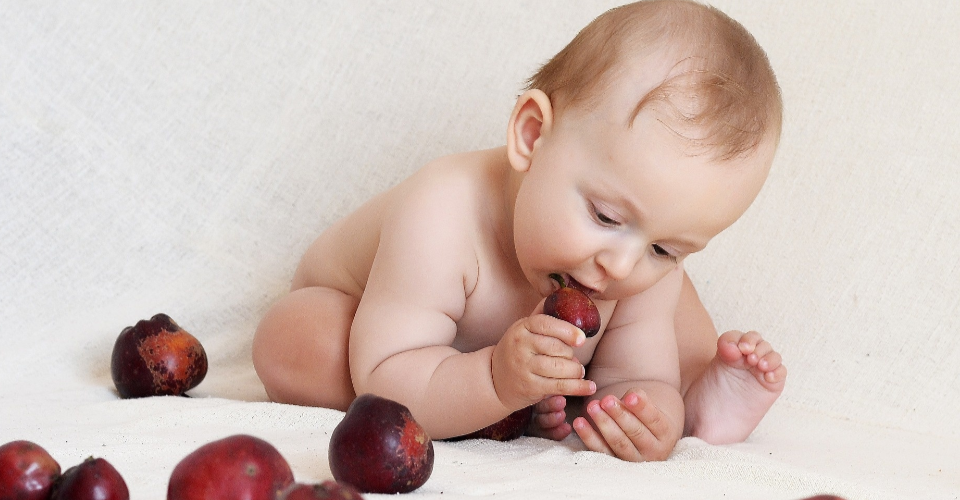 baby putting fruit in its mouth